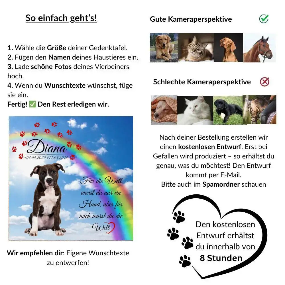 Grabstein für Haustier personalisieren – Beispiel mit Tierfoto und Namensfeld, zeigt die individuelle Gestaltung einer Tier Gedenktafel