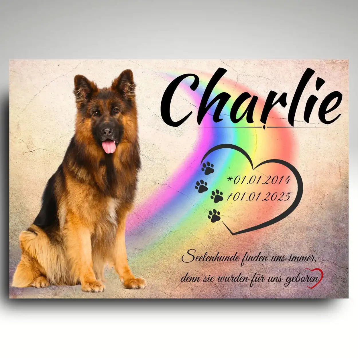 Grabstein Hund mit Regenbogen und Herzmotiv, personalisierte Gedenktafel aus Alu Dibond mit Foto und Daten als Hundegrabstein zur Erinnerung