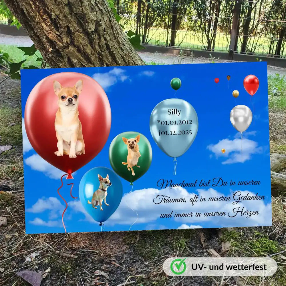 Personalisiertes Hunde-Andenken im Hundehimmel mit Ballonmotiv und Foto deines verstorbenen Hundes