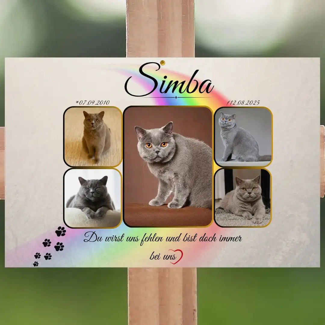 Grabstein für Katze mit Regenbogenbrücke und Fotocollage – wetterfest, personalisiert mit Foto, Namen, Daten und Trauerzitat als Gedenktafel