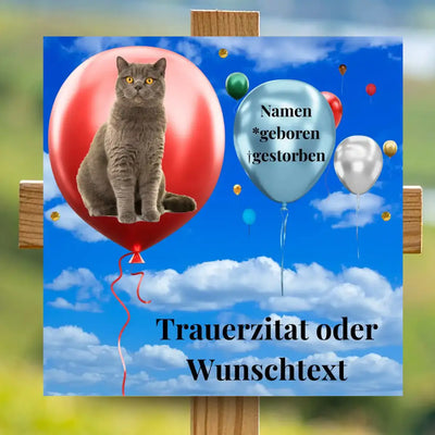 Grabstein Katze mit Tierhimmel-Motiv und Luftballons, personalisierte Katzen-Gedenktafel mit Foto aus wetterfestem Alu-Dibond