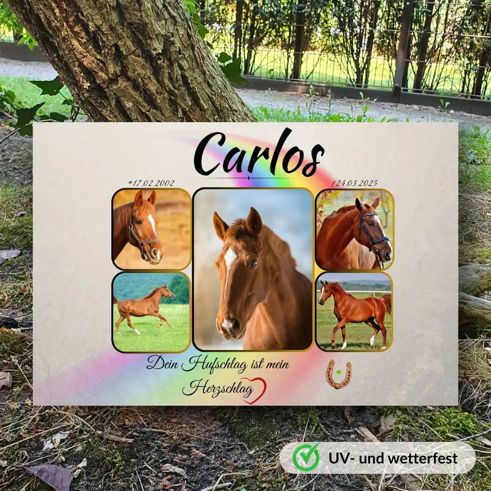 Grabstein Pferd mit Pferdebildern – personalisiertes Pferde Andenken mit Hufeisenmotiv und Trauerzitat