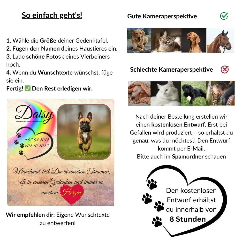Anleitung zum Tiergrabstein selbst gestalten, erklärt Fotoauswahl, Personalisierung und kostenlosen Entwurf