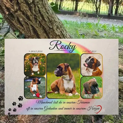 Grabstein Hund namens Rocky mit Geburts- und Todesdatum, umgeben von Hundebildern und liebevoller Nachricht an einem Hundegrab.