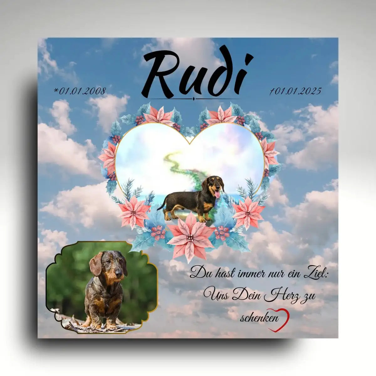 Hunde Gedenktafel personalisiert mit Blumenherz und Hundeportraits, Grabplatte mit Wunschtext