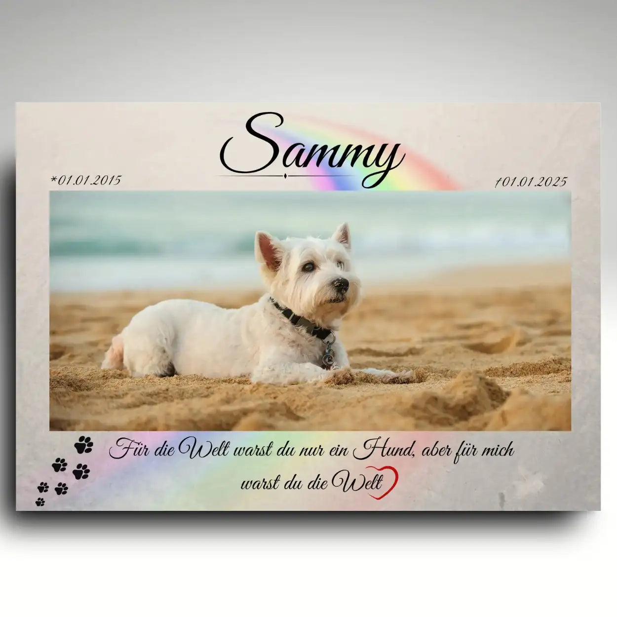 Hunde Grabstein wetterfest aus Alu Dibond mit Hundeportrait, personalisierte Gedenktafel mit Name und Daten für den Tierfriedhof