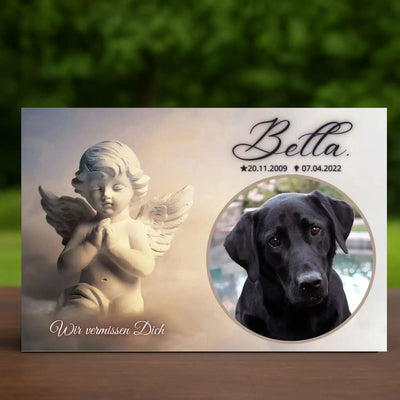 Tiergrabstein für Hund mit Engelmotiv und Foto als liebevoll gestaltete Tier Gedenktafel