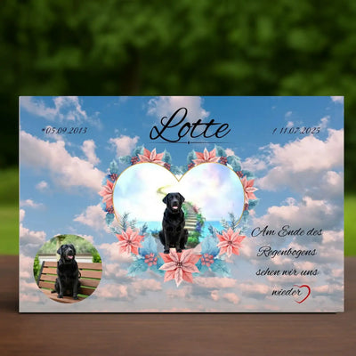 Hundegrabstein mit Hundebild und Namen – Regenbogenbrücke als Erinnerung an dein Hundegrab