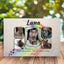Katzengrabstein als Fotocollage – personalisierter Tiergrabstein aus Alu-Dibond, wetterfestes Andenken an eine geliebte Katzenseele, auf einem Holztisch
