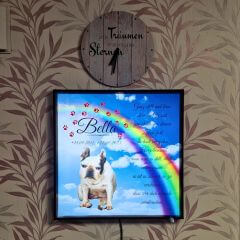 Ein personalisiertes LED-Bild eines Hundes vor einem Hintergrund mit Regenbogen und Blumen, neben Text, der an einen verstorbenen Hund erinnert.