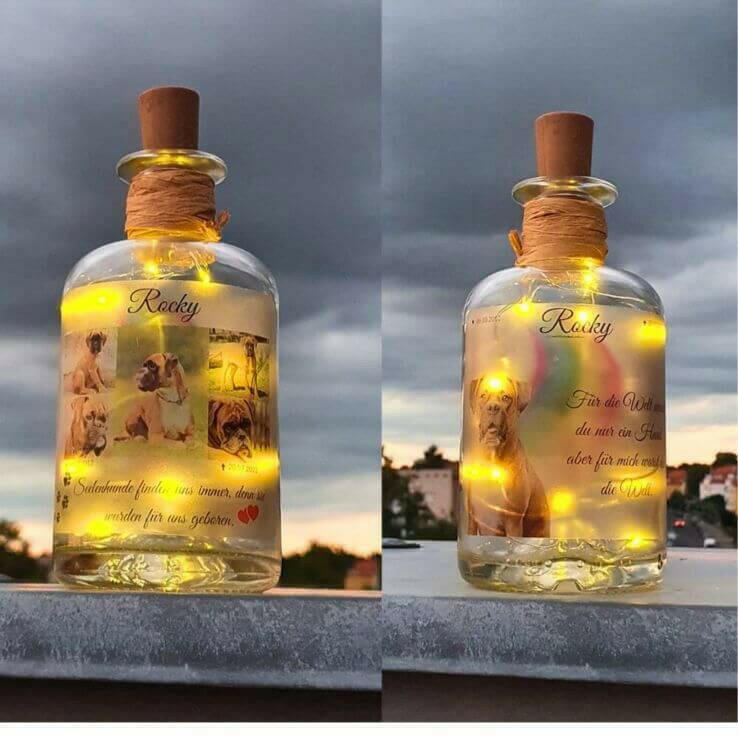 Leuchtende Flasche auf einem Balkon mit Hundebilder und Text.
