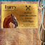 Pferde Stallschild in Goldfarbe mit Pferdenamen mit Daten. Das Schild hängt an einer Holzwand.