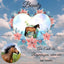 Pferdeporträt mit Regenbogenbrücke als Leinwandbild. In einem Herz aus Blumen steht das gleiche Pferd, was unten in einem Rahmen ist.