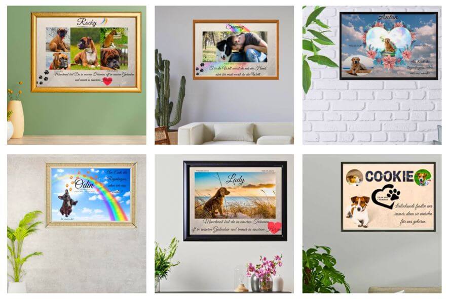Mehrere Poster mit Rahmen von verstorbenen Haustieren an Wänden. Personalisierte Trauerbilder mit Trauerzitate, Tierpfoten und Regenbogen.