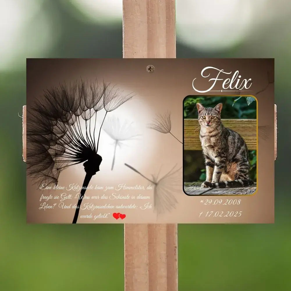 Personalisierter Tiergrabstein mit Pusteblumen-Motiv, Katzenfoto & Name. Gedenktafel für Katzen im Garten oder Tierfriedhof.