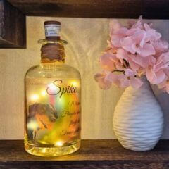 Leuchtende Flasche mit Hundebild und Trauerzitat neben einer Blumenvase mit rosa Blumen.
