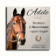 Namensschild Pferd mit Portrait-Foto, Hufeisen-Motiv sowie Tierarzt- und Hufschmied-Angaben auf Alu-Dibond