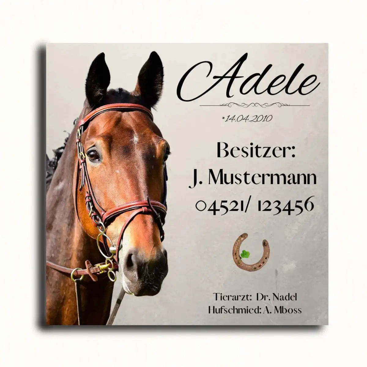 Namensschild Pferd mit Portrait-Foto, Hufeisen-Motiv sowie Tierarzt- und Hufschmied-Angaben auf Alu-Dibond