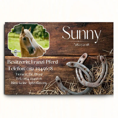 Stalltafel Pferd in Holzoptik personalisiert mit Foto und Besitzerangaben für Pferdebox