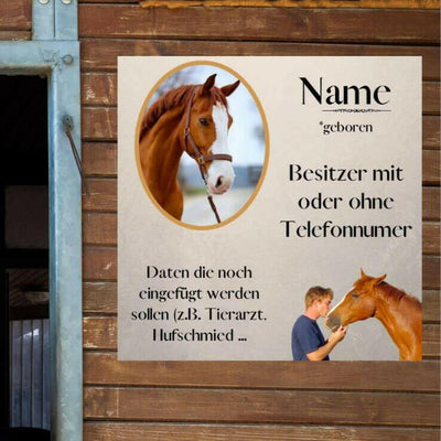 Stalltafel Pferd personalisiert mit Pferdebild, gemeinsames Bild vom Pferd und Pferdeliebhaber und Pferdenamen. Boxenschild ist an der Holzwand der Pferdebox angebracht.