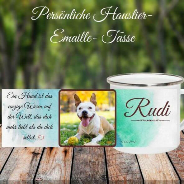 Eine schöne Tasse für Hundeliebhaber. Die Tasse ist aus Emaille und hat ein Hundeporträt und ein Hundezitat.