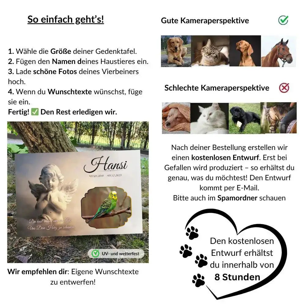 Anleitung zur Gestaltung einer Tier Gedenktafel mit Fototipps, Personalisierung und kostenlosem Entwurf