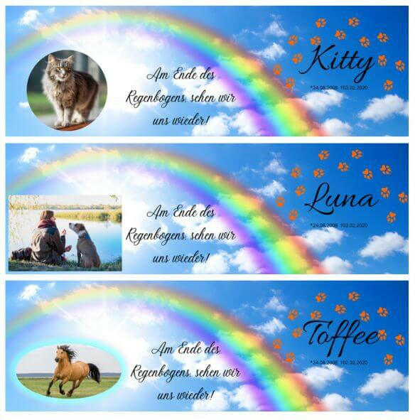 Beispiele der Personalisierung für eine Haustier Emaille Tasse. Haustierporträts mit Geburtstag, Todestag, Tierbild und Regenbogen.