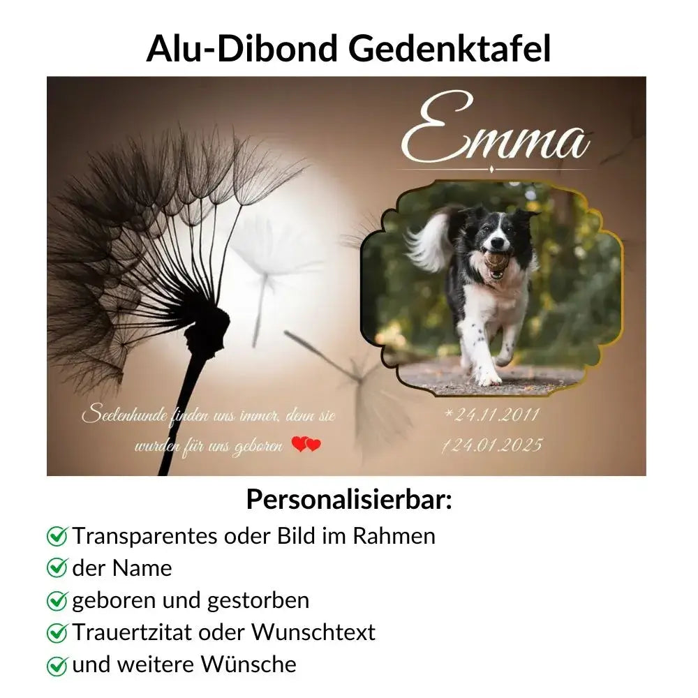 Gedenktafel für Emma: Alu-Dibond, Foto-Hund, Pusteblume, Name, Daten. Personalisiert mit Text.