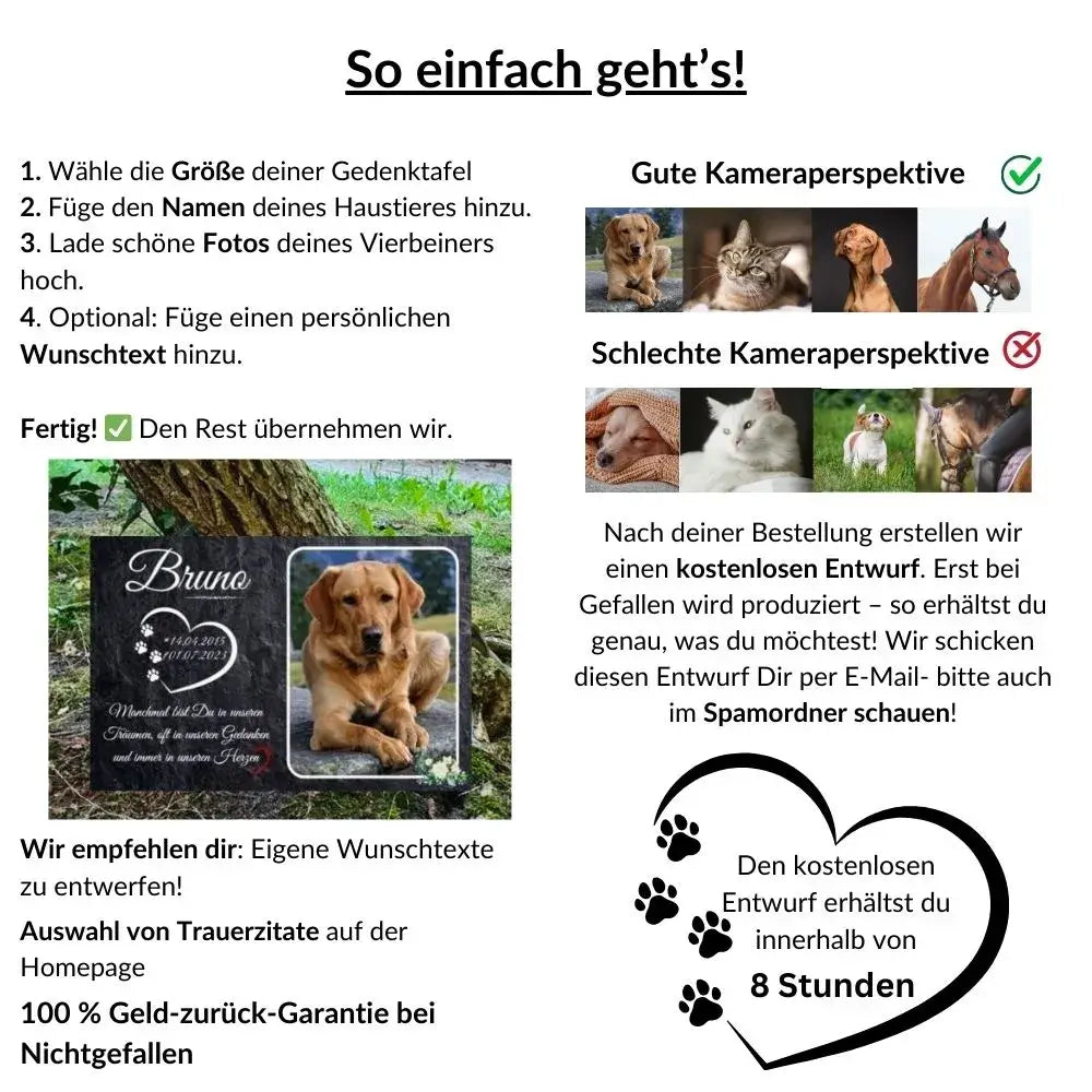 Gestaltung eines Tiergrabsteins – Beispiel mit Hundefoto, Trauerzitat und Hinweis auf kostenlosen Entwurf innerhalb von 8 Stunden