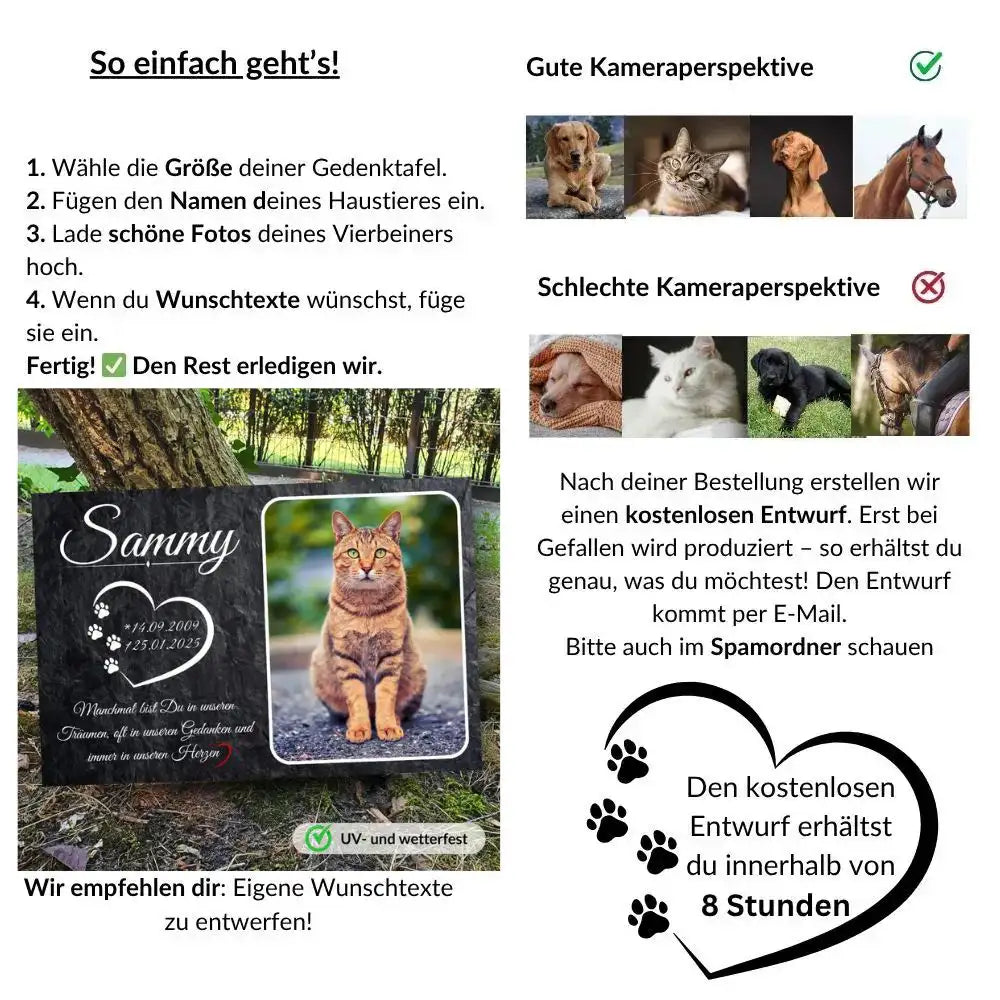 Beschreibung zur Bestellung einer Gedenktafel für Tiere mit Fotoauswahl und kostenlosem Entwurf