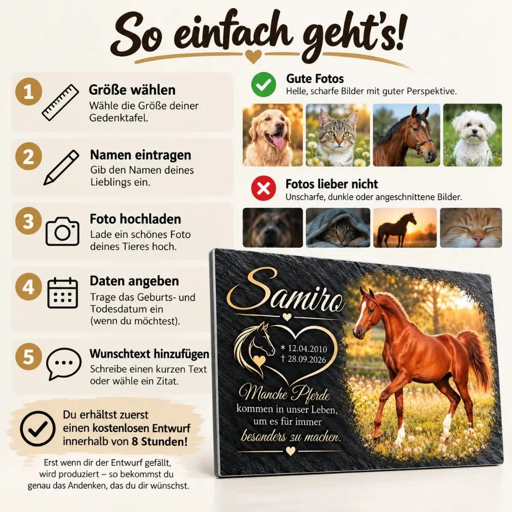 Tiergrabstein gestalten in 5 Schritten: Größe, Name, Foto, Daten und Wunschtext angeben, mit Tipps für gute Tierfotos und kostenlosem Entwurf in 8 Stunden