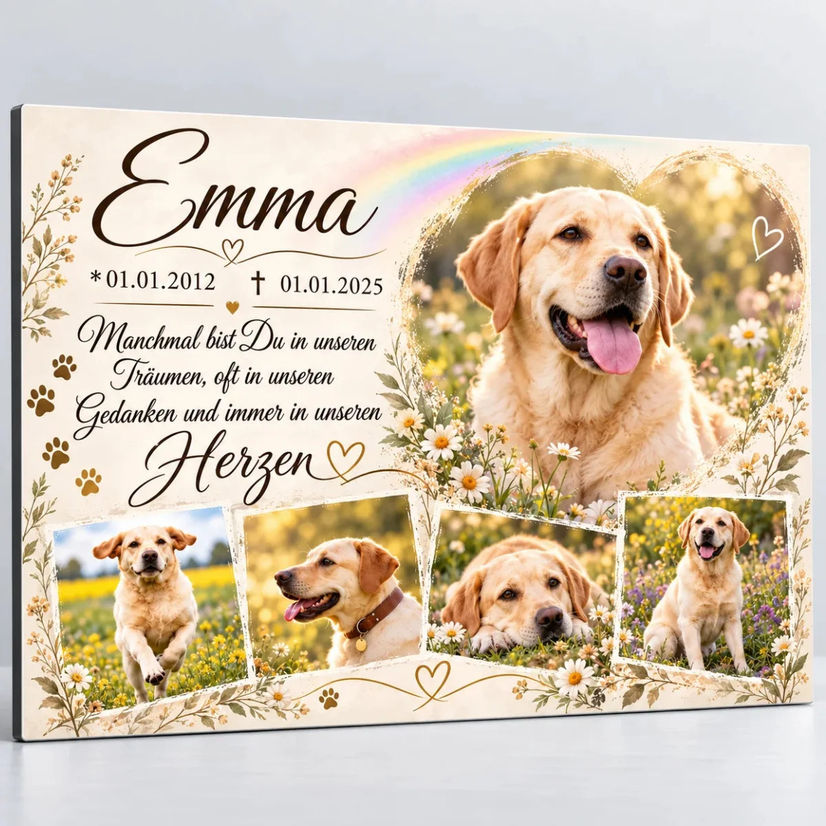 Personalisierter Tiergrabstein aus Alu-Dibond für einen verstorbenen Hund mit fünf Fotos, Gedenkspruch und Regenbogen