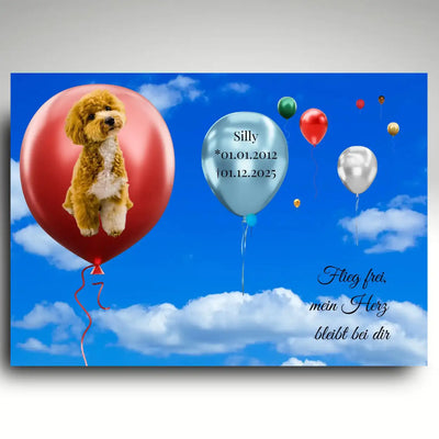 Tiergrabstein für Hunde mit Ballon und Himmelmotiv, personalisierte Tier Gedenktafel aus Alu Dibond mit Foto Name und Datum als stilles Hundeandenken