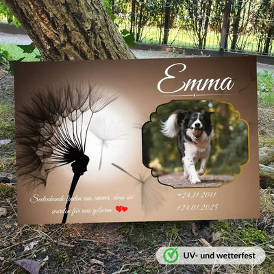 Tiergrabstein Hund mit Pusteblume – personalisierter Hundegrabstein aus Alu-Dibond, Andenken für einen Seelenhund im Garten