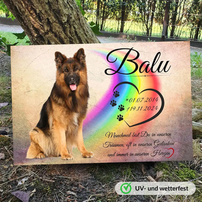 Tiergrabstein Hund mit Pfotenherz – personalisiert mit Foto & Wunschtext, am Baum gelehnt