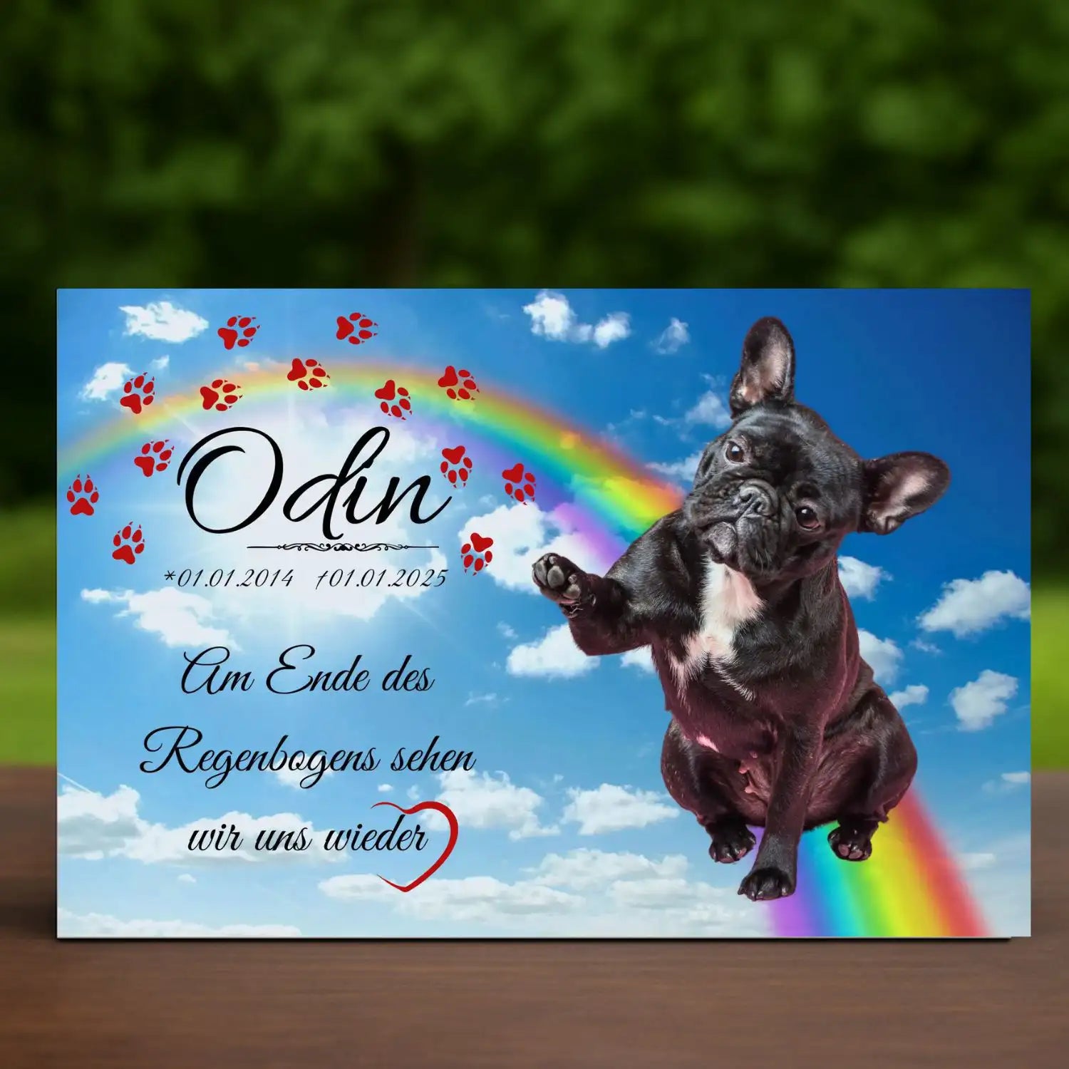 Tiergrabstein für Hunde mit Foto und Namen – Regenbogenbrücke als Tier-Erinnerung an deinen Seelenhund