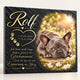 Tiergrabstein in Schiefer-Optik mit Foto einer liegenden Französischen Bulldogge, Name, Lebensdaten und Trauerspruch, personalisiert aus Alu-Dibond