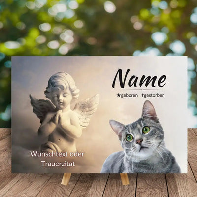Tiergrabstein für Katze mit Engelmotiv und Wunschtext als persönliche Gedenktafel für Tiere