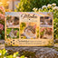 Personalisierter Tiergrabstein aus Alu-Dibond für eine verstorbene Katze mit Fotocollage und Gedenkspruch im Garten