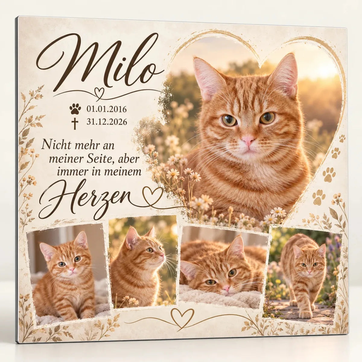 Personalisierter Tiergrabstein aus Alu-Dibond für eine verstorbene Katze mit Foto im Herz, Fotocollage und Gedenkspruch