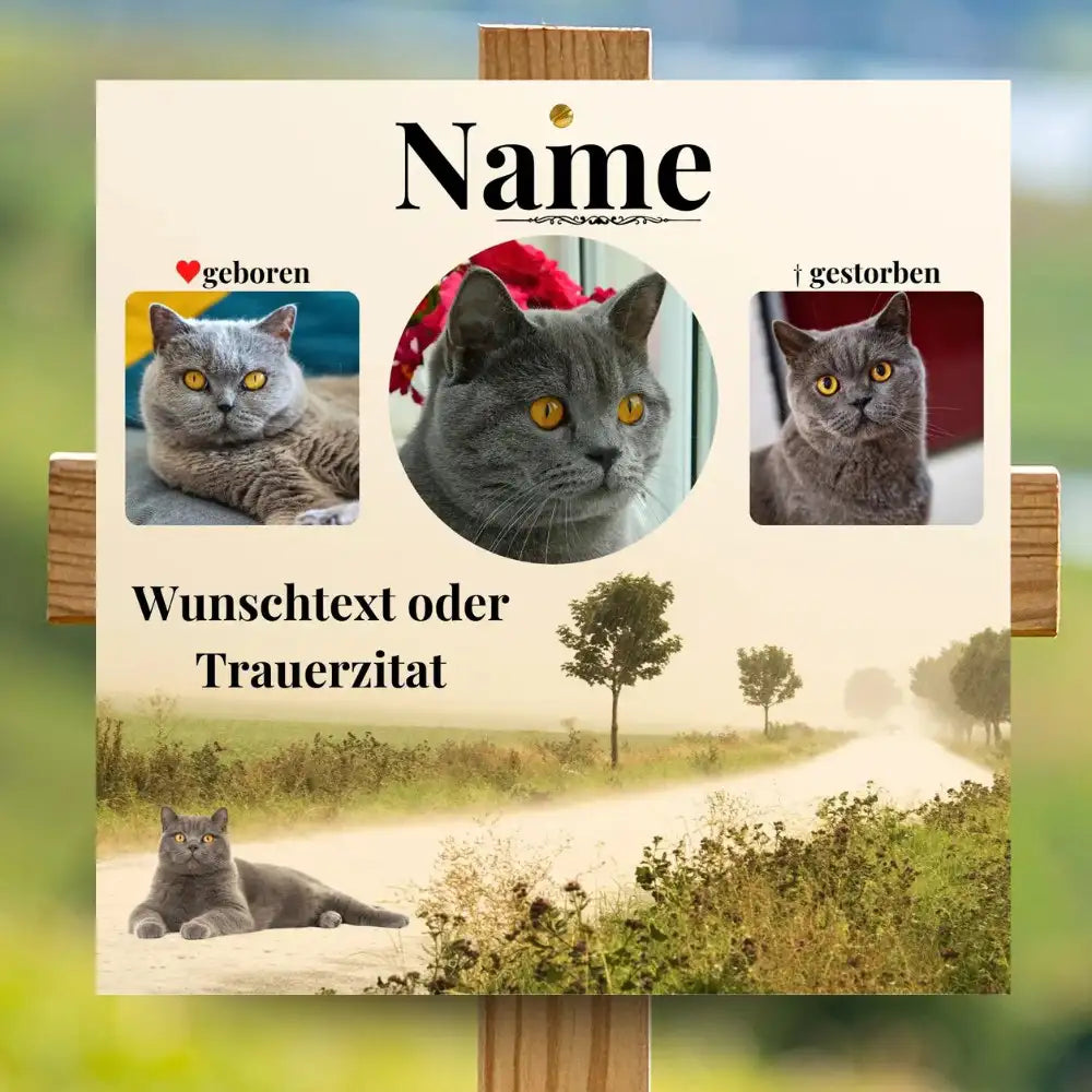Tiergrabstein Katze mit Portrait-Fotocollage, personalisierte Grabplatte mit Katzenfotos, Namen und Trauerzitat am Holzkreuz