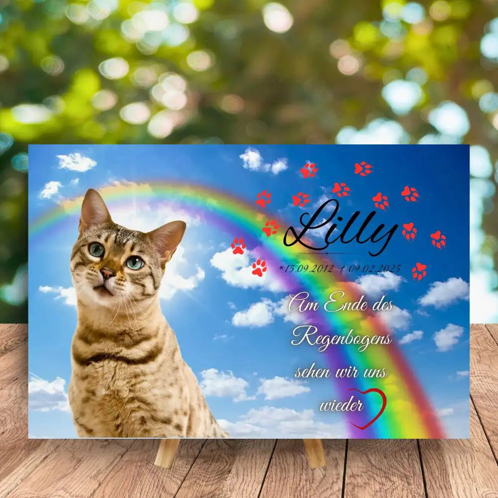 Tiergrabstein für Katze mit Regenbogenbrücke und Katzenhimmel – hellblauer Himmel mit roten Katzenpfoten und Regenbogenfarben, personalisiert mit Katzenfoto