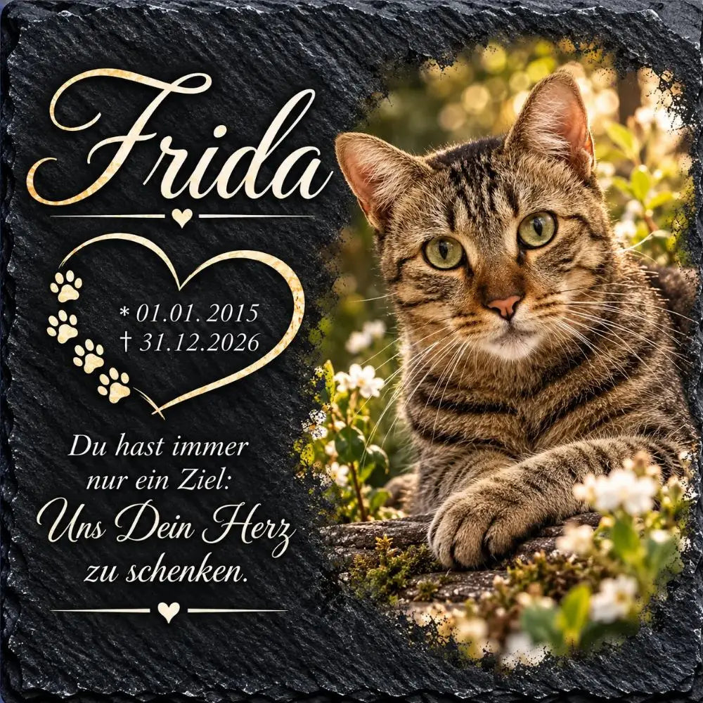 Tiergrabstein Katze in Schiefer-Optik, quadratisch, mit Foto einer liegenden Tigerkatze zwischen Blüten, Name, Lebensdaten und Trauerspruch, aus Alu-Dibond