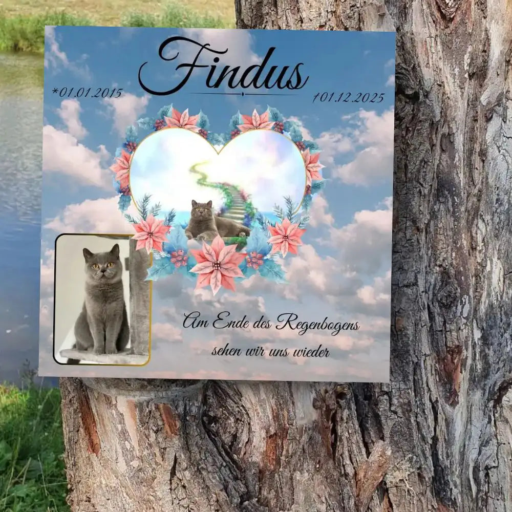 Tiergrabstein für eine Katze mit Katzenfoto Herzmotiv Name und Datum als persönliches Tierandenken im Katzenhimmel