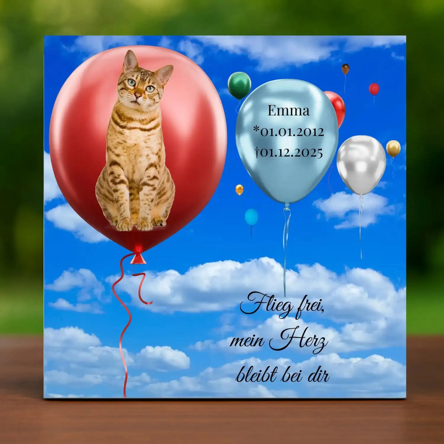 Tiergrabstein im Katzenhimmel mit Katzenbild im Luftballon – liebevolles Katzen Andenken mit Name und Lebensdaten