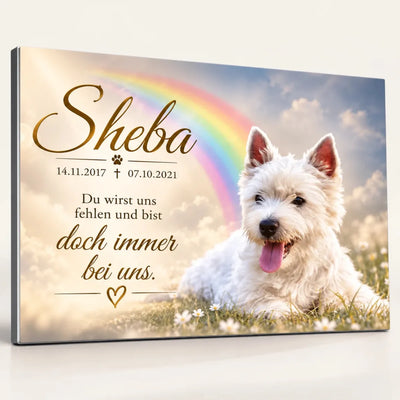Tiergrabstein mit Regenbogenbrücke und Foto eines West Highland Terriers auf einer Blumenwiese, Name, Lebensdaten und Trauerspruch, personalisiert aus Alu-Dibond
