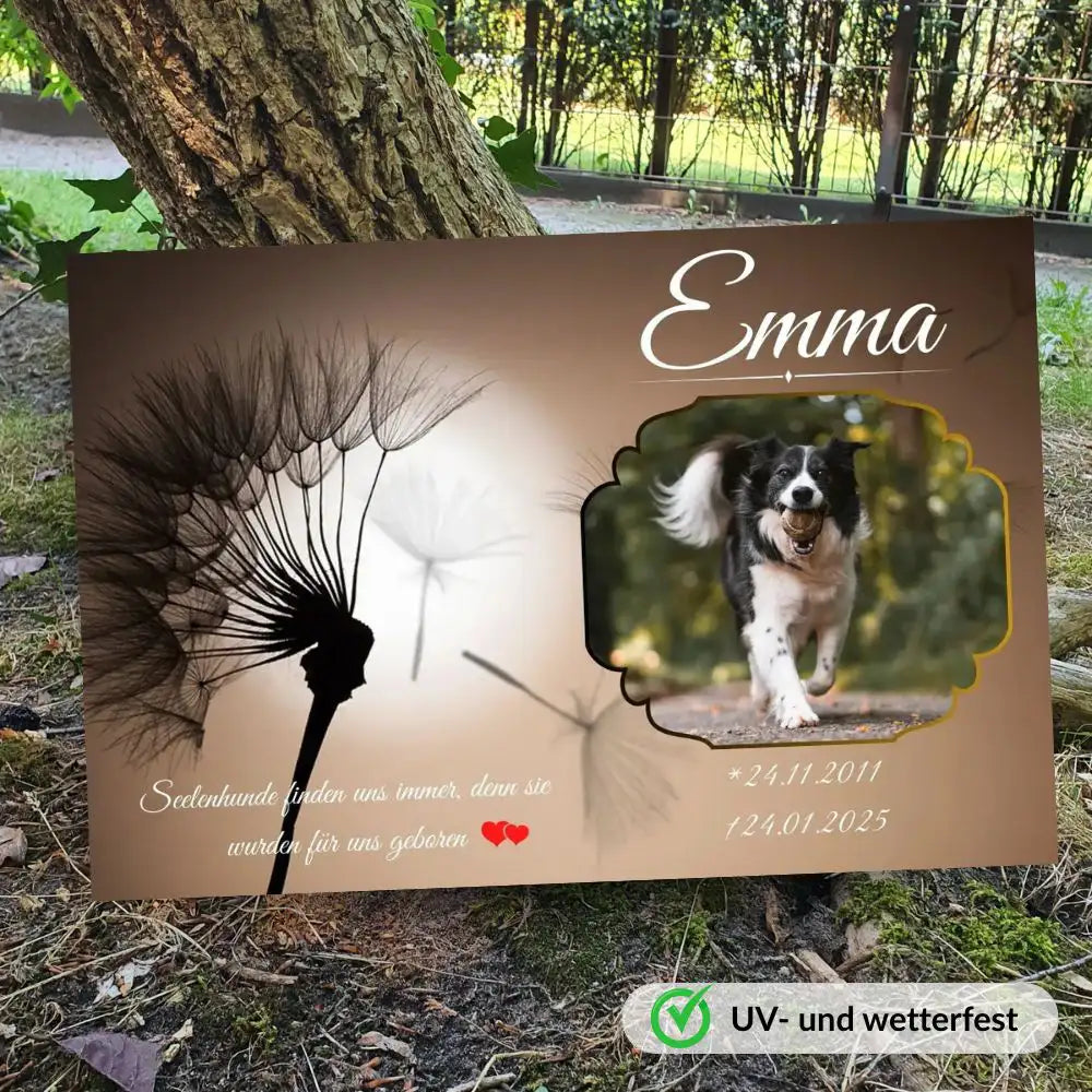 Tiergrabstein mit Pusteblume und Hundebild – personalisiertes Gedenkbild für Seelenhund, wetterfest für Tierfriedhof