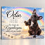Tiergrabstein mit Regenbogenbrücke aus Alu-Dibond, Hund auf Wolken mit winkender Pfote und Spruch zum Wiedersehen