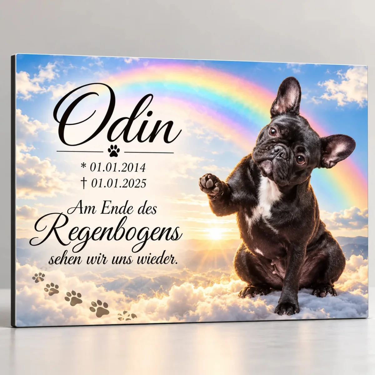 Tiergrabstein mit Regenbogenbrücke aus Alu-Dibond, Hund auf Wolken mit winkender Pfote und Spruch zum Wiedersehen