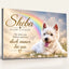 Tiergrabstein mit Regenbogenbrücke und Foto eines West Highland Terriers auf einer Blumenwiese, Name, Lebensdaten und Trauerspruch, personalisiert aus Alu-Dibond